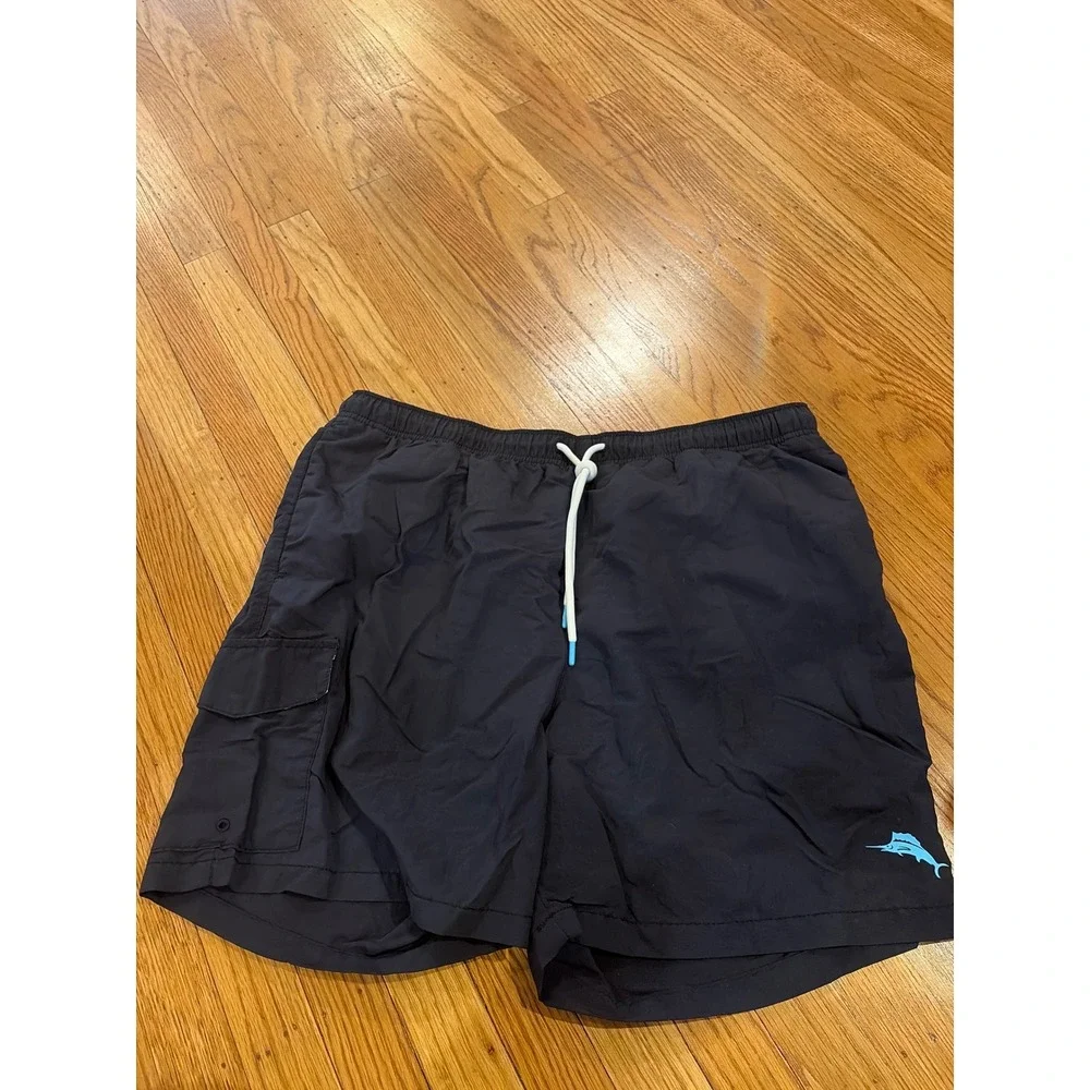 Tommy Bahama Mens Black Swim Trunks Cargo Pocket Marlin Logo Large L